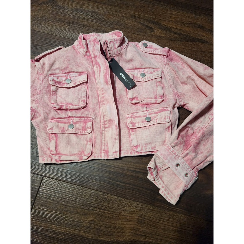 Fashion Nova Billie Cropped Jacket Womens Medium Pink Cargo Utility NWT New - Picture 1 of 10